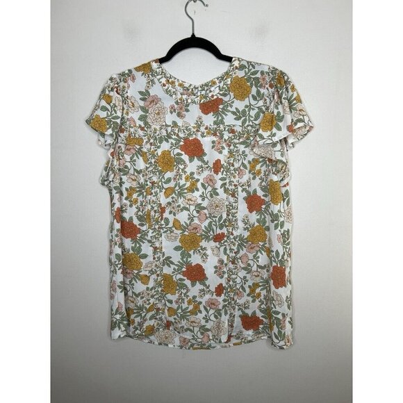 DR2 White Yellow Floral Top Tunic Light Weight Short Sleeve Blouse Size Large - Picture 1 of 10